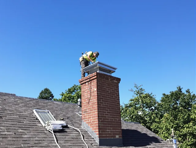 Waxhaw Chimney Sweep technician measuring a chimney cap in Waxhaw, NC